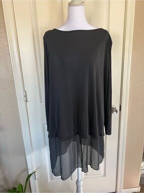 Eileen Fisher Silk Trim High Low Tunic Top Charcoal Gray Large